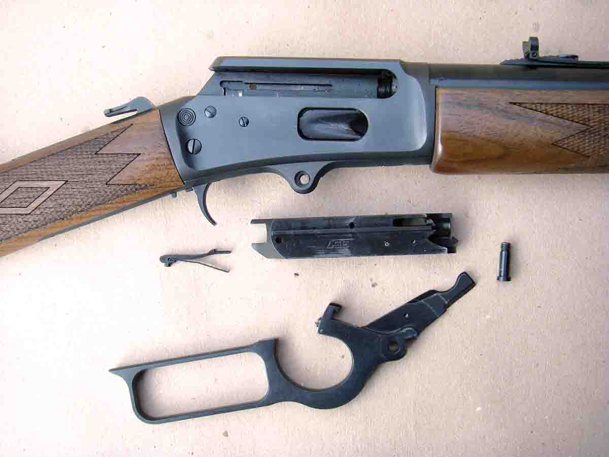 By simply removing the finger lever screw, the lever and bolt assembly can be removed for cleaning the action and allows access to the barrel breech.
